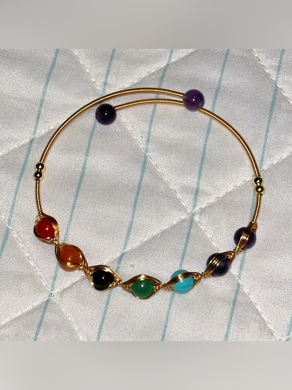 Gold Plated 7 Chakra Gemstone Wire Wrapped Cuff Bracelet